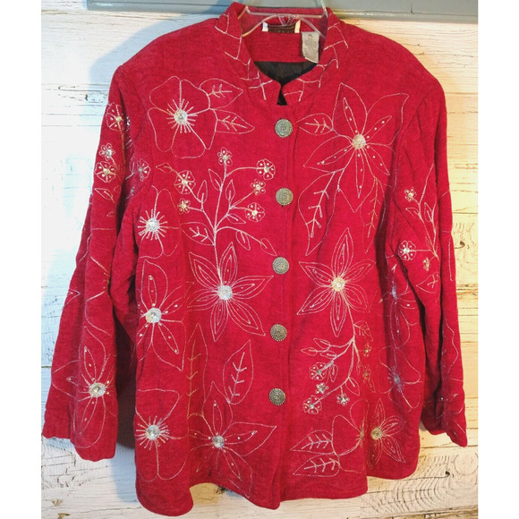 Draper’s & Damon’s Red Knit Jacket Poinsettia Embroidery Petite PL Holiday - Picture 2 of 8